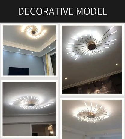 Gold Nordic LED ceiling light flush mount with sunburst spokes, Decorbites, 4-view collage on Tampa Home & Garden Store