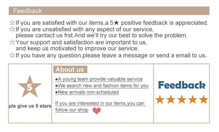 Feedback page with beige header, 5-star badge and blue title, About us bullets and orange stars on Tampa Home & Garden Store