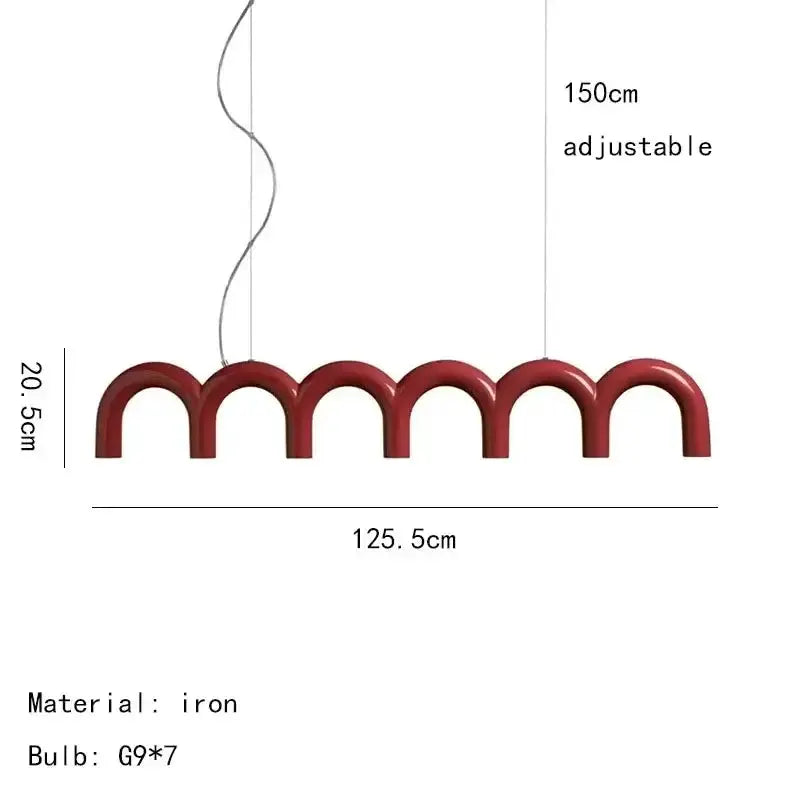 Red iron u-shaped chandelier with 7 G9 bulbs, 125.5cm wide, 20.5cm high, 150cm adjustable on Tampa Home & Garden Store