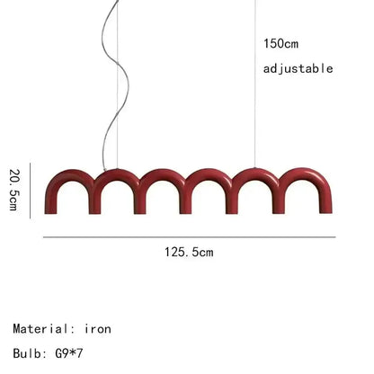 Red iron u-shaped chandelier with 7 G9 bulbs, 125.5cm wide, 20.5cm high, 150cm adjustable on Tampa Home & Garden Store