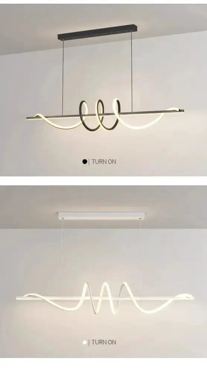 Decorbites sleek wavy pendant lights with brushed metal finish and spiral accents for dining on Tampa Home & Garden Store
Decorbites white wavy pendant lights with linear bar and glowing spirals for dining on Tampa Home & Garden Store