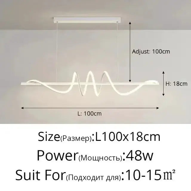 Sleek wavy pendant light Decorbites with brushed metallic finish, white glow, 100 cm long on Tampa Home & Garden Store