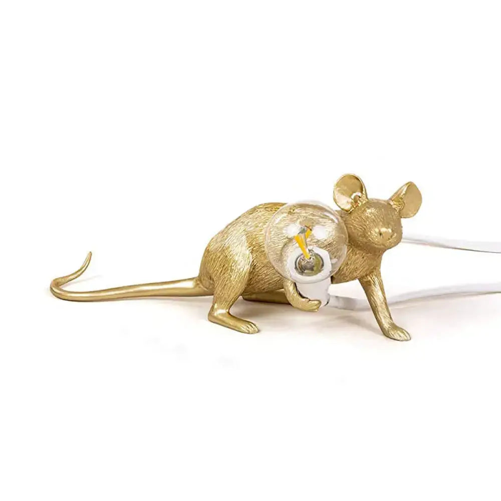 Gold Mouse Resin Lamp by Decorbites, gold-tone resin mouse with exposed bulb and white cord on Tampa Home & Garden Store