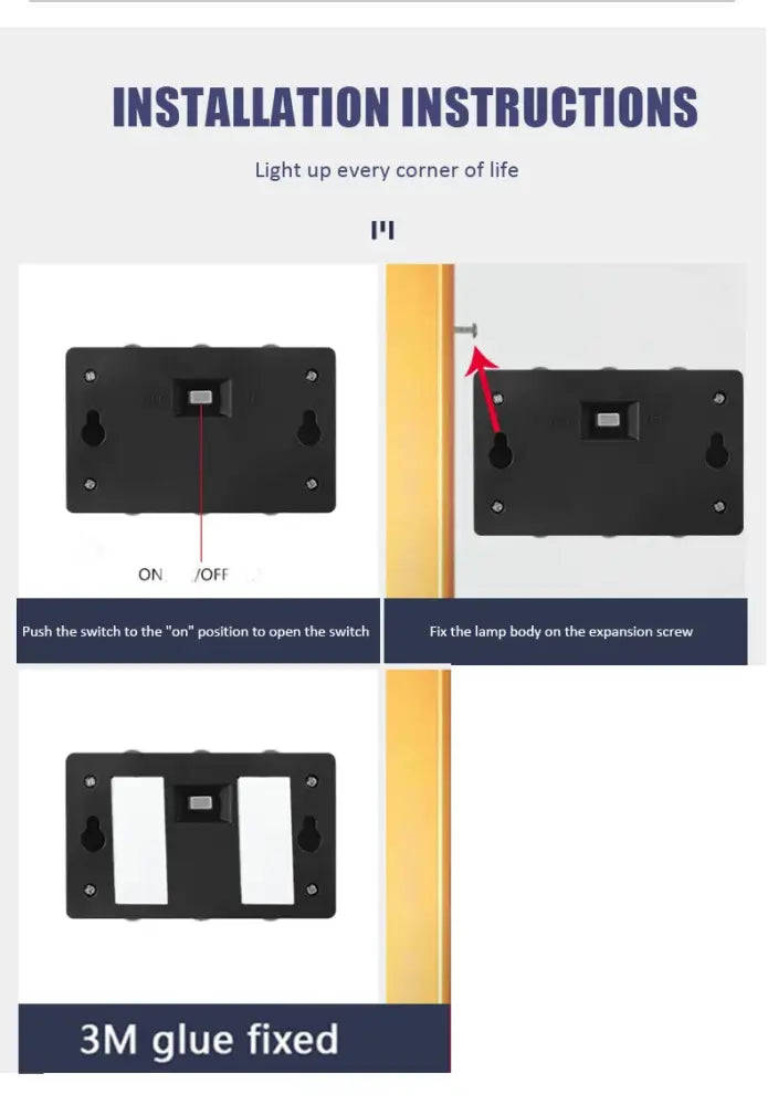 Black solar wall light Decorbites; outdoor lighting with ON/OFF switch and wall-mount install steps on Tampa Home & Garden Store