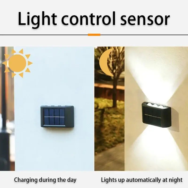 Black Decorbites outdoor solar wall light, rectangular housing, day charging, night light on Tampa Home & Garden Store