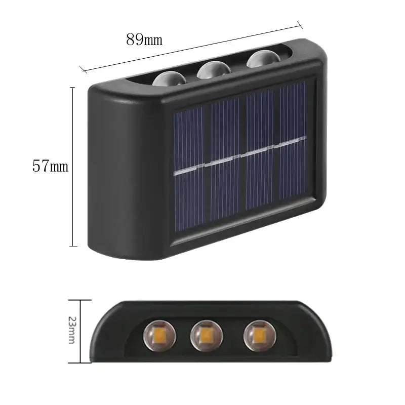 Black Solar Wall Light Decorbites with blue solar panel and three LEDs outdoor lighting on Tampa Home & Garden Store