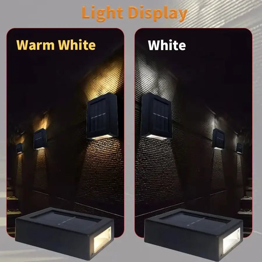 Black solar wall light by Decorbites; outdoor LED fixture with warm white and white modes on Tampa Home & Garden Store