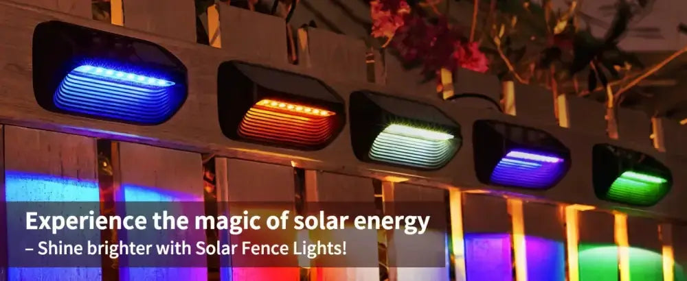 5 black solar-powered fence lights on a fence with LED glow for landscape lighting Decorbites on Tampa Home & Garden Store
