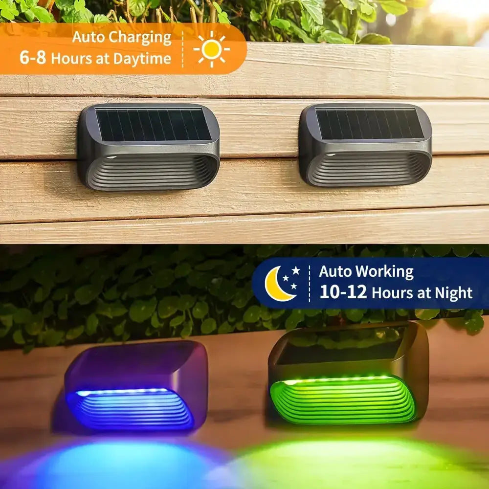 Modern black solar powered fence lights for yard steps, two blue/green LEDs, landscape lighting on Tampa Home & Garden Store