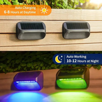 Modern black solar powered fence lights for yard steps, two blue/green LEDs, landscape lighting on Tampa Home & Garden Store