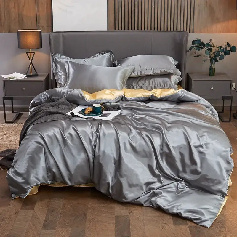 Premium Silver and Gold Satin Duvet Cover