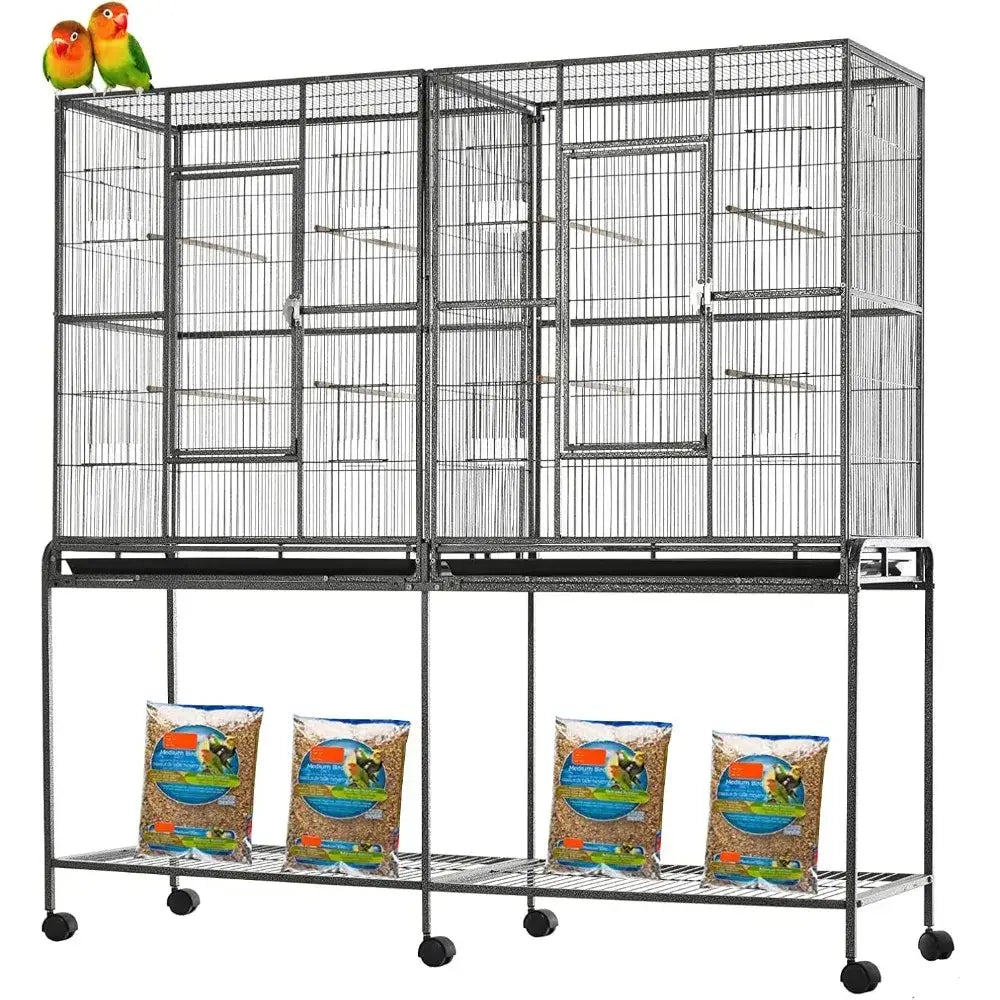 Wrought iron black double flight bird cage with nest doors on wheeled stand on Tampa Home & Garden Store