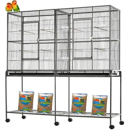 Wrought iron black double flight bird cage with nest doors on wheeled stand on Tampa Home & Garden Store