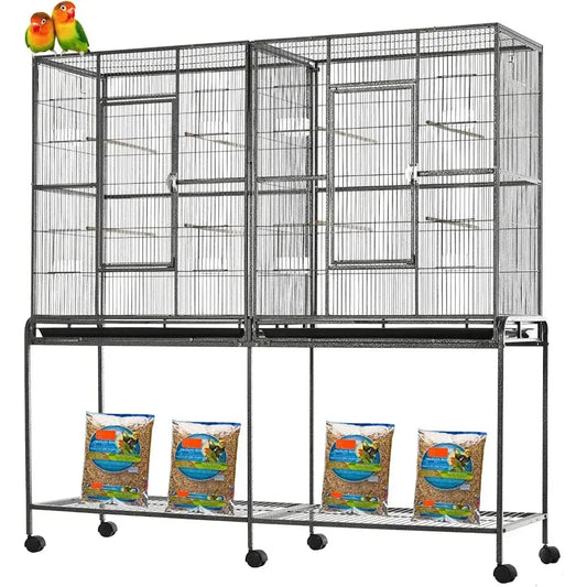 Wrought iron black double flight bird cage with nest doors on wheeled stand on Tampa Home & Garden Store