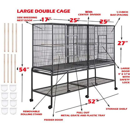 Decorbites wrought-iron black double-flight bird cage with breeding nest doors on stand on Tampa Home & Garden Store