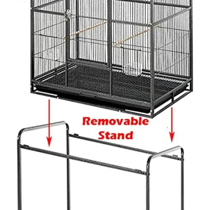 Wrought iron black double flight bird cage by Decorbites with breeding nest doors on stand on Tampa Home & Garden Store