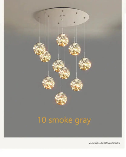 Modern spiral crystal ball chandelier with 10 smoke gray glass spheres on Tampa Home & Garden Store