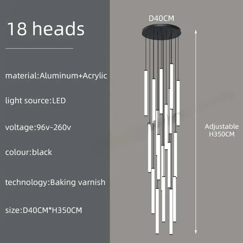 Black Spiral 20-Head LED Chandelier by Decorbites, aluminum acrylic, black finish, adjustable on Tampa Home & Garden Store