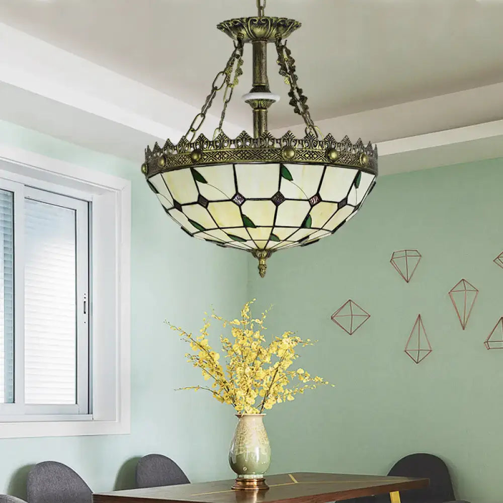 Stained Glass Brass Chandelier with brass frame and ivory-green panels by Decorbites on Tampa Home & Garden Store