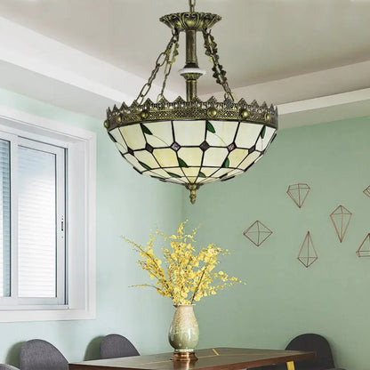 Stained Glass Brass Chandelier with brass frame and ivory-green panels by Decorbites on Tampa Home & Garden Store