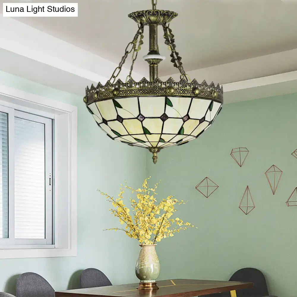 Stained Glass Brass Chandelier with ornate bronze frame and cream-green shade Decorbites on Tampa Home & Garden Store