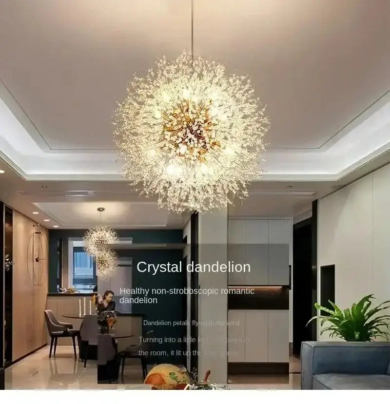 Modern golden dandelion crystal pendant light by Decorbites in dining room on Tampa Home & Garden Store