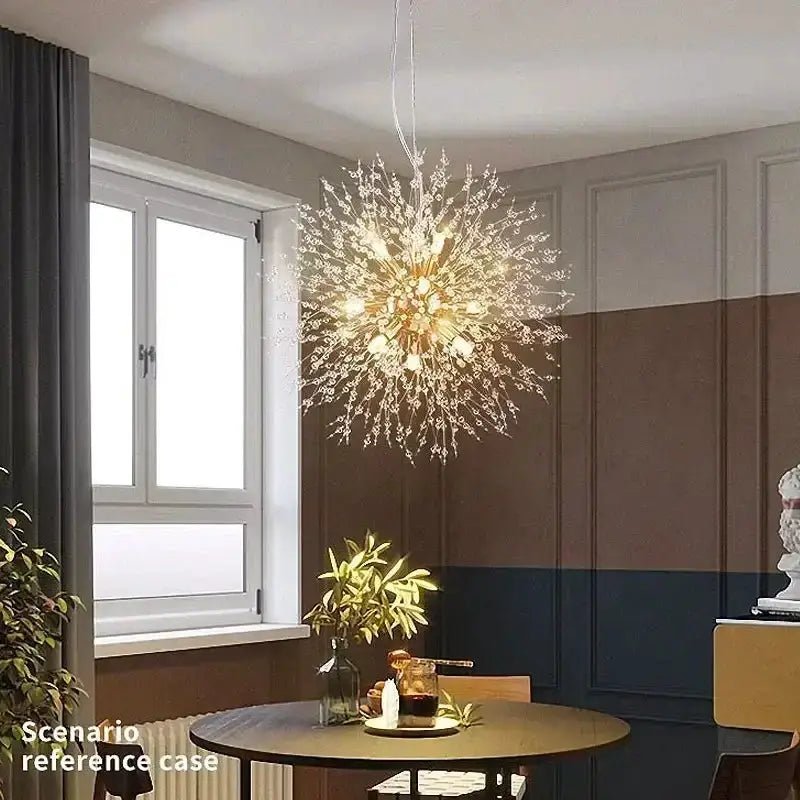 Modern golden dandelion crystal pendant light by Decorbites over round dining table on Tampa Home & Garden Store