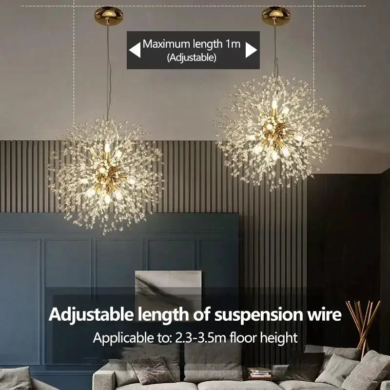 Decorbites golden dandelion crystal pendant lights pair, adjustable suspension wires on Tampa Home & Garden Store
