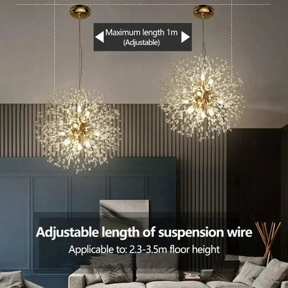 Decorbites golden dandelion crystal pendant lights pair, adjustable suspension wires on Tampa Home & Garden Store