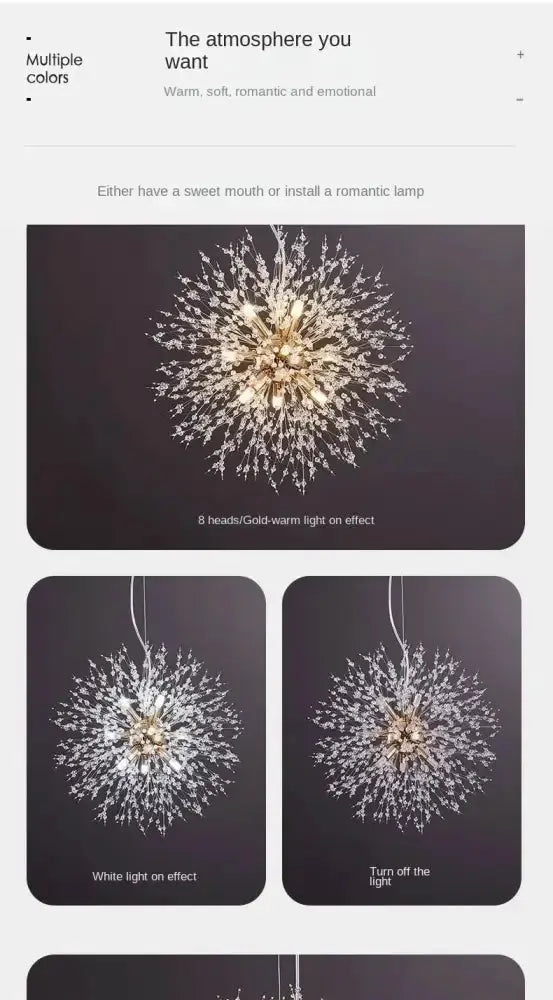 Modern golden dandelion crystal pendant light for dining room by Decorbites, 8 heads, warm glow on Tampa Home & Garden Store