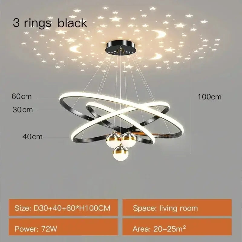 Decorbites Black Gold Ring Chandelier featuring 3 interlocking rings and hanging glass spheres on Tampa Home & Garden Store