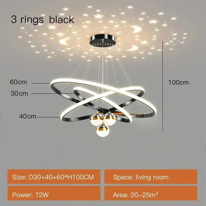 Decorbites Black Gold Ring Chandelier featuring 3 interlocking rings and hanging glass spheres on Tampa Home & Garden Store