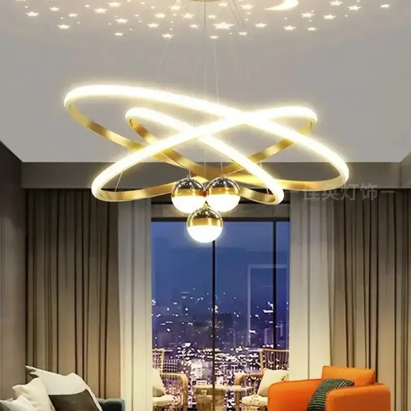 Black Gold Ring Chandelier Decorbites, glowing interlaced rings with 3 orb pendants on Tampa Home & Garden Store
