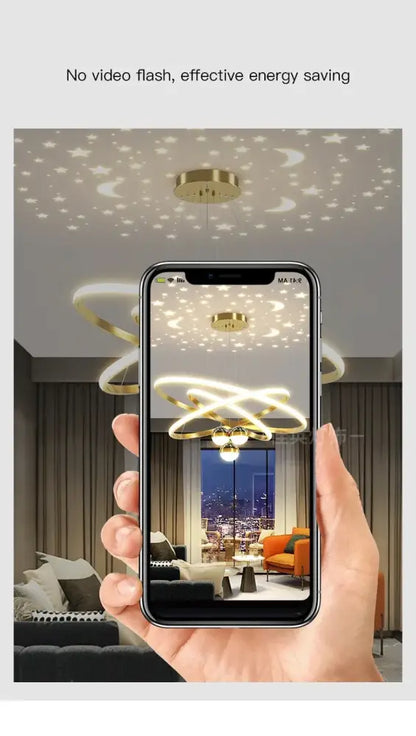 Black Gold Ring Chandelier by Decorbites with gold metal rings and ceiling mount, starry glow on Tampa Home & Garden Store