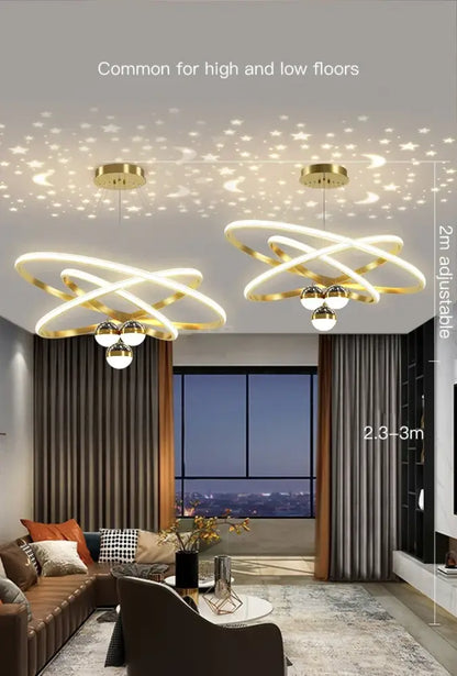 Decorbites Black Gold Ring Chandelier pair with sleek gold rings and white LEDs on Tampa Home & Garden Store