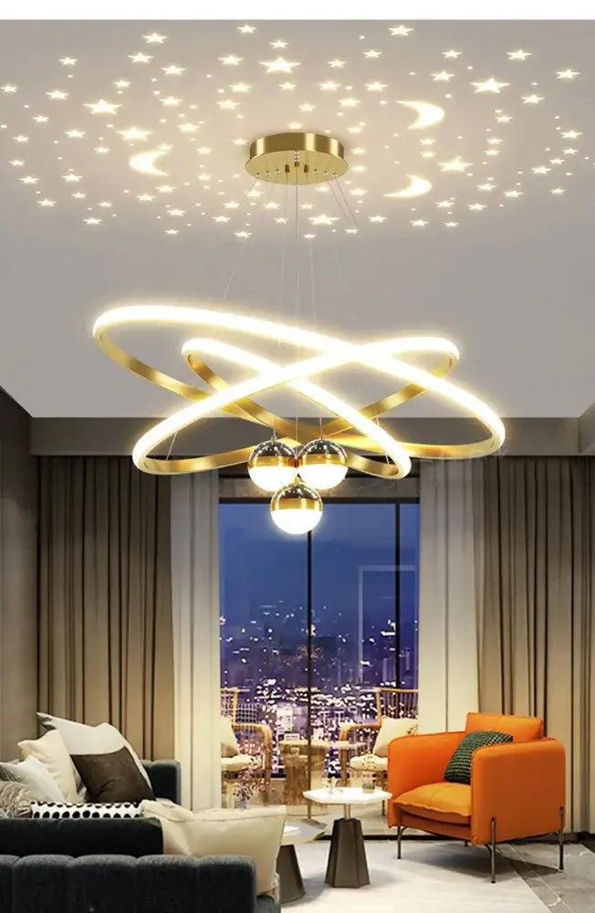Black Gold Ring Chandelier by Decorbites with interlocking gold rings and orb accents on Tampa Home & Garden Store
