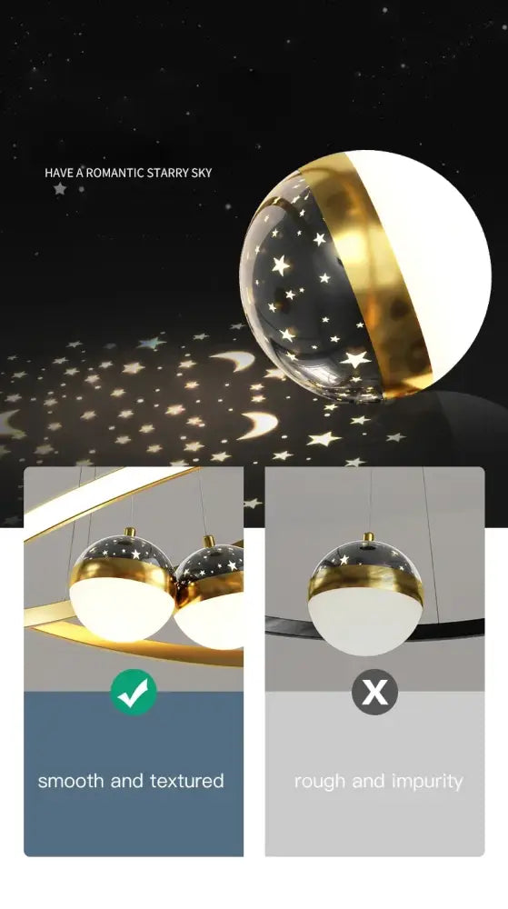Black Gold Ring Chandelier by Decorbites, two glass orbs with star accents and gold band on Tampa Home & Garden Store