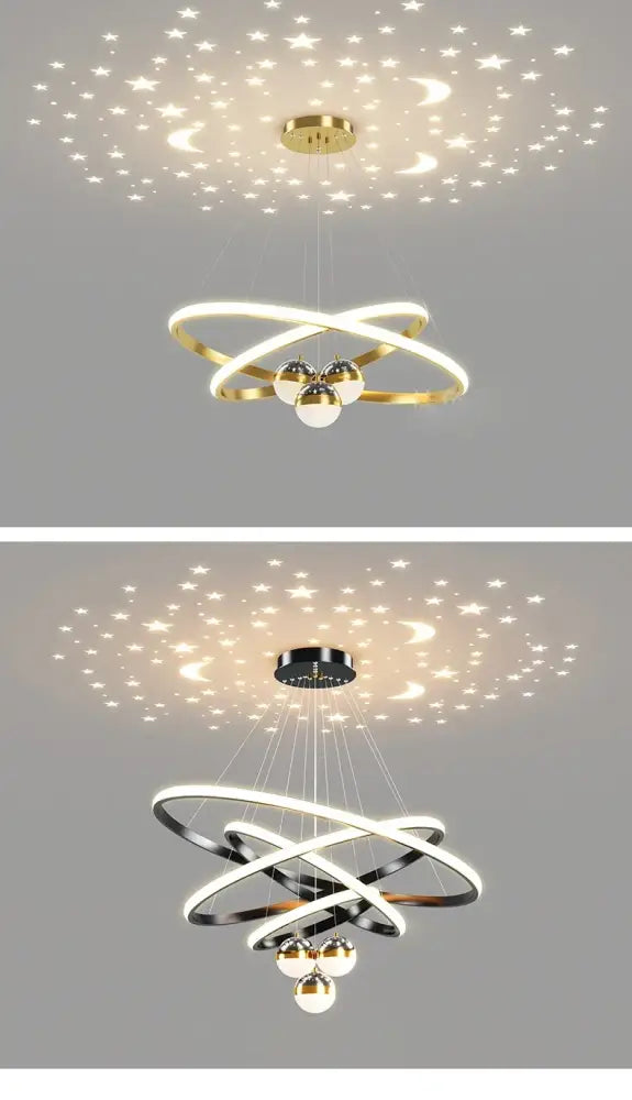 Black Gold Ring Chandelier by Decorbites, two colorways shown with orb pendants on Tampa Home & Garden Store