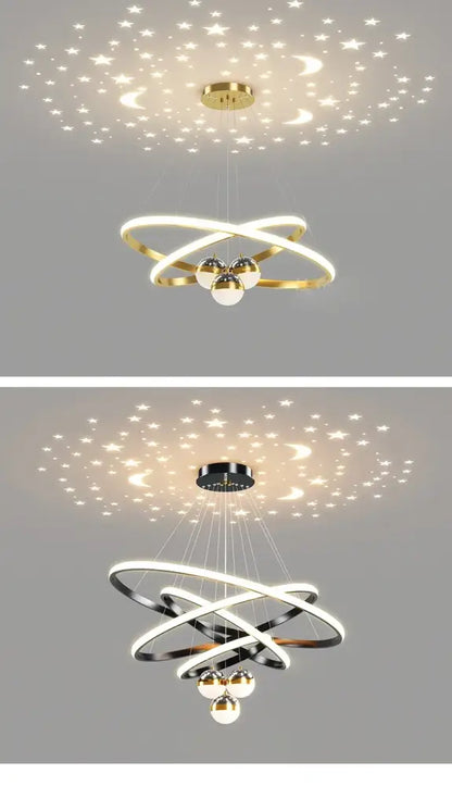 Black Gold Ring Chandelier by Decorbites, two colorways shown with orb pendants on Tampa Home & Garden Store