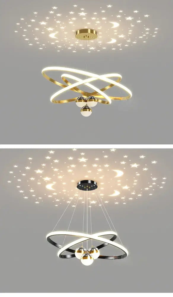 Black Gold Ring Chandelier by Decorbites with illuminated rings and hanging spheres on Tampa Home & Garden Store