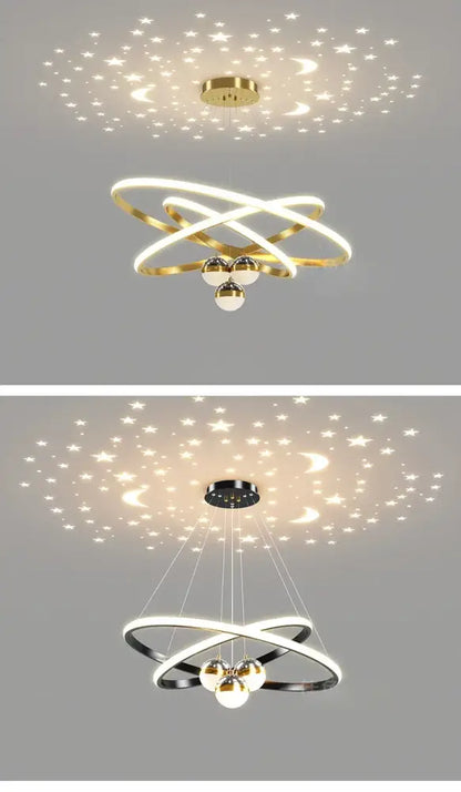 Black Gold Ring Chandelier by Decorbites with illuminated rings and hanging spheres on Tampa Home & Garden Store