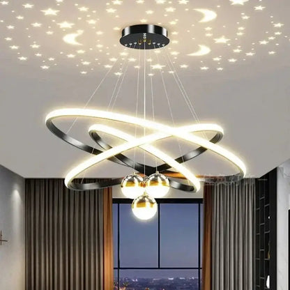 Black Gold Ring Chandelier by Decorbites, intertwined illuminated rings with gold spheres on Tampa Home & Garden Store