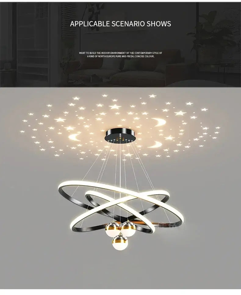 Black Gold Ring Chandelier by Decorbites with intertwined metal rings and hanging orb bulbs on Tampa Home & Garden Store