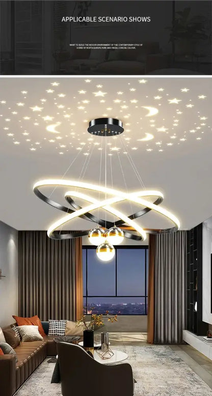 Black Gold Ring Chandelier by Decorbites, black-gold LED ring fixture in living room on Tampa Home & Garden Store