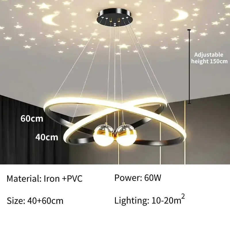 Black Gold Ring Chandelier by Decorbites, iron + PVC, interlock LED ring, adjustable height 150cm on Tampa Home & Garden Store