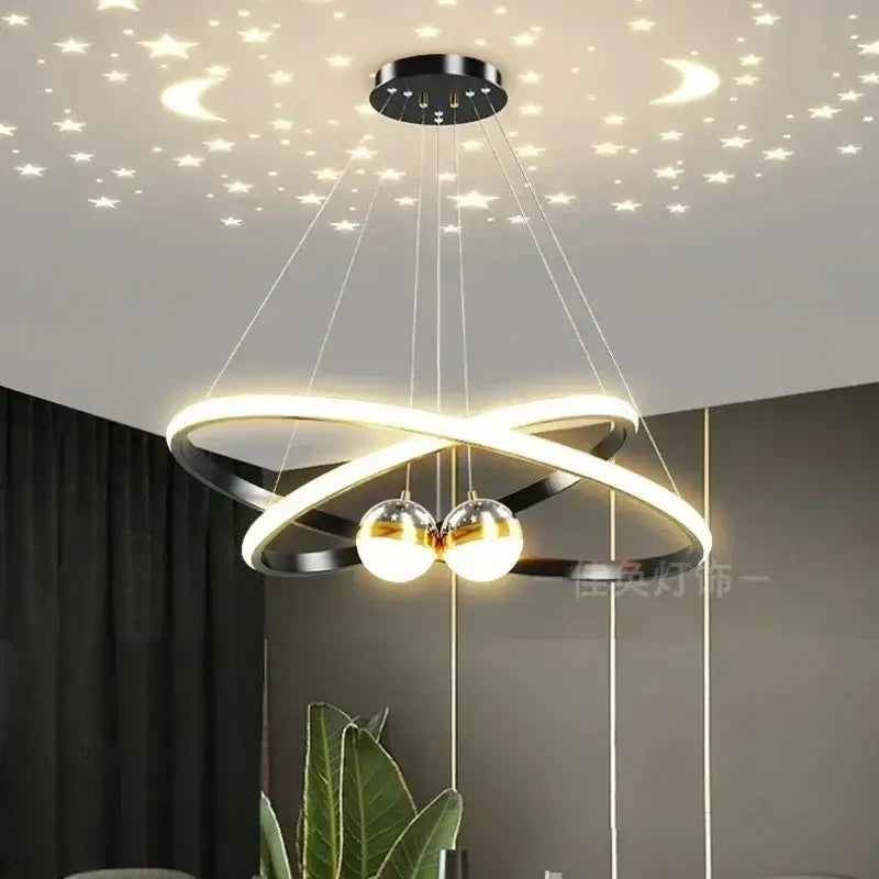 Black Gold Ring Chandelier by Decorbites with illuminated rings and gold glass globes on Tampa Home & Garden Store