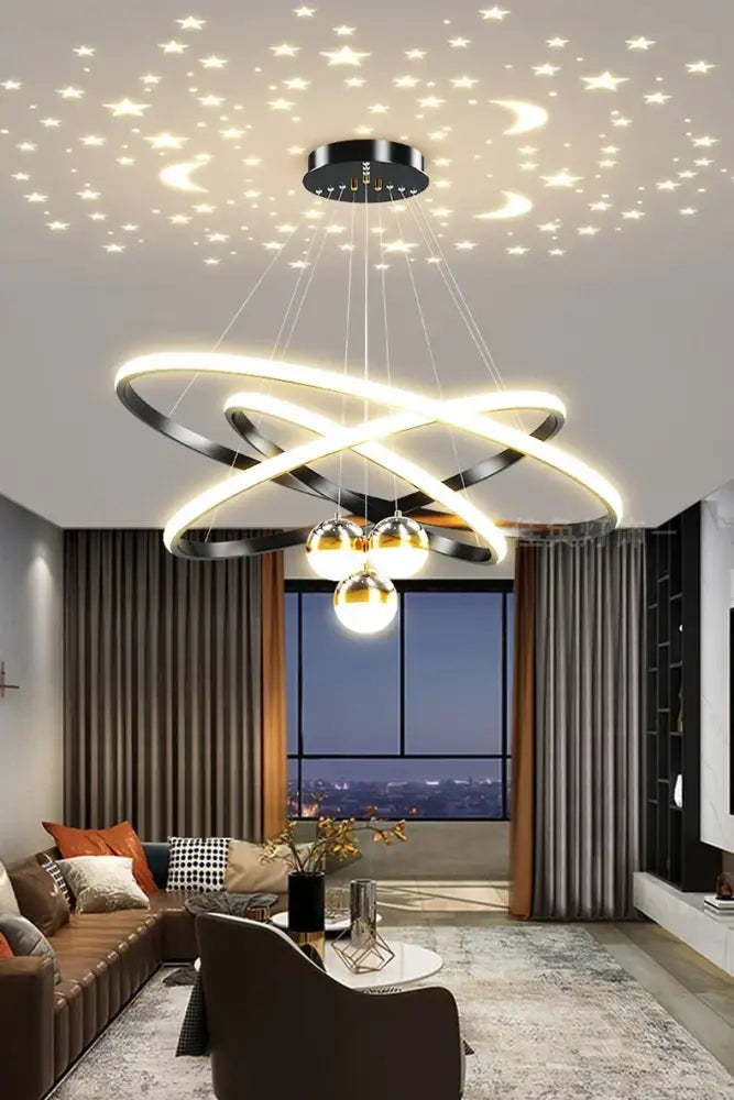 Black Gold Ring Chandelier by Decorbites; interlocking LED rings with gold finish on Tampa Home & Garden Store