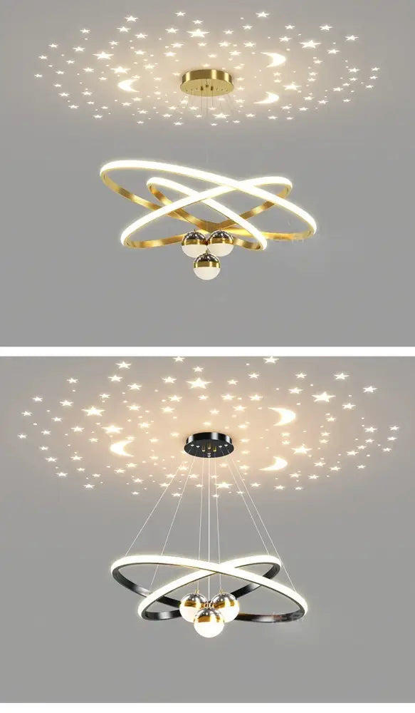 Black Gold Ring Chandelier by Decorbites with interlocking gold rings and orb pendants on Tampa Home & Garden Store
