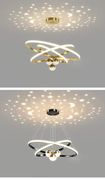 Black Gold Ring Chandelier by Decorbites with interlocking gold rings and orb pendants on Tampa Home & Garden Store