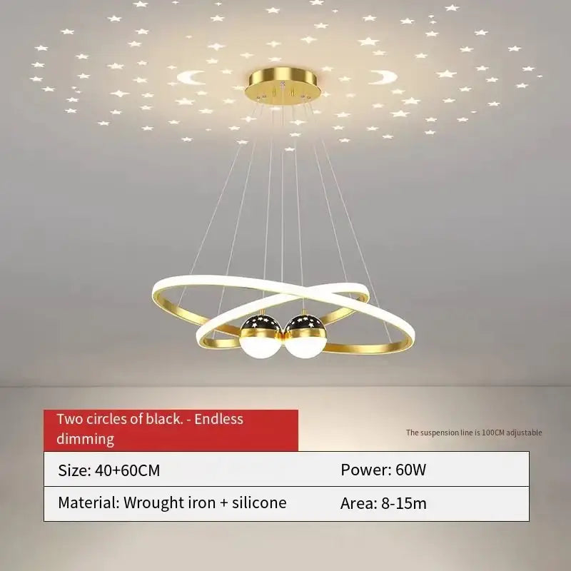 Black Gold Ring Chandelier by Decorbites, two intertwined gold rings and three globe lights on Tampa Home & Garden Store